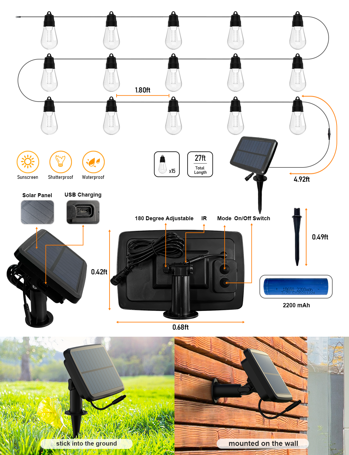 S14 Solar Outdoor String Lights 15M